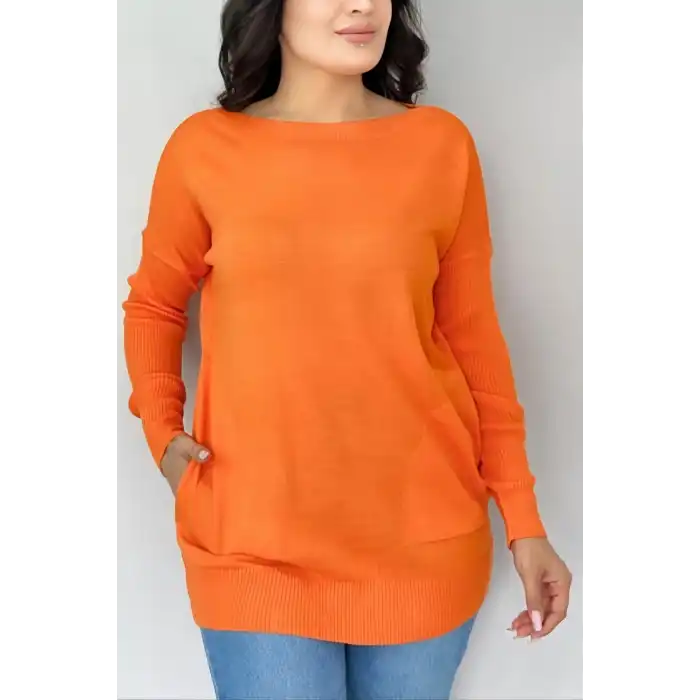 Kadın TURUNCU Bisiklet Yaka Yandan Cepli Likralı Yumuşak Dokulu İnce Tiriko Kazak