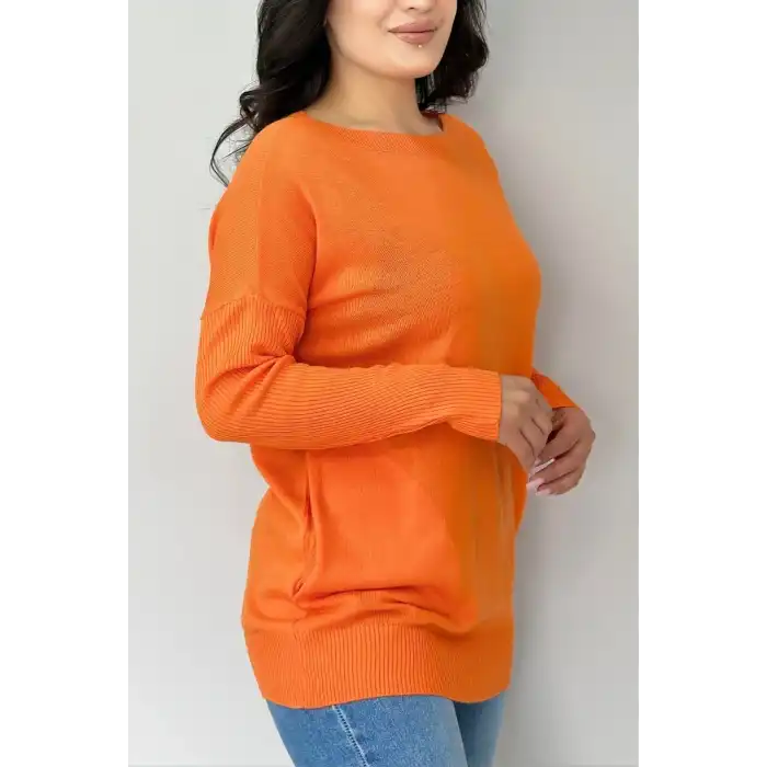 Kadın TURUNCU Bisiklet Yaka Yandan Cepli Likralı Yumuşak Dokulu İnce Tiriko Kazak