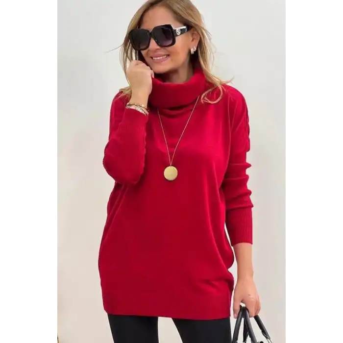 Kadın Kırmızı Degaje Yaka Yandan Cepli Liakralı İnce Triko Bluz