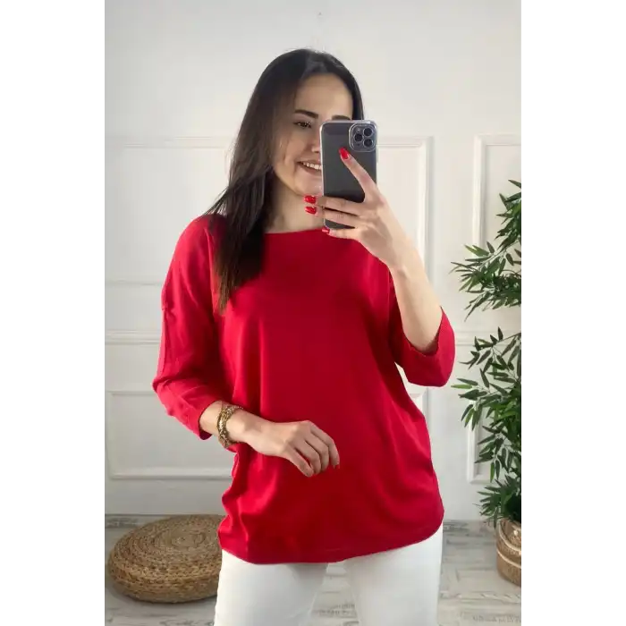 Kadın Kırmızı Kayık Yaka Likralı  % 100 PAMUK İPLİK  İnce Triko Bluz