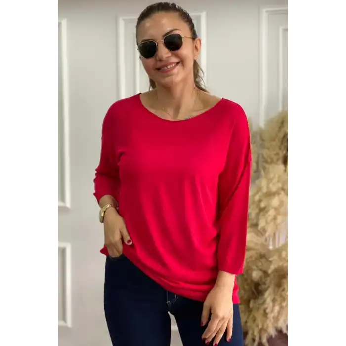 Kadın Kırmızı Kayık Yaka Likralı  % 100 PAMUK İPLİK  İnce Triko Bluz