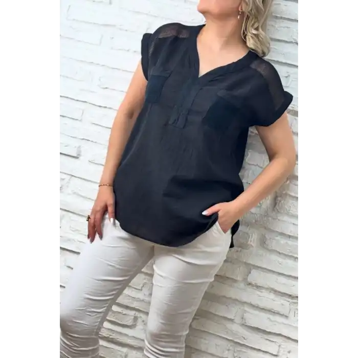 Kadın Siyah Omzu Ve Cebi FİLE DETAYLI Yıkamalı Keten Kumaş Kısa Kol Buluz Gömlek