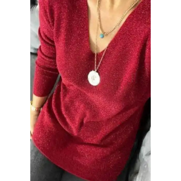 Kadın Kırmızı V Yaka Likralı Dışı Simli İçi Yumoş İnce Triko Bluz