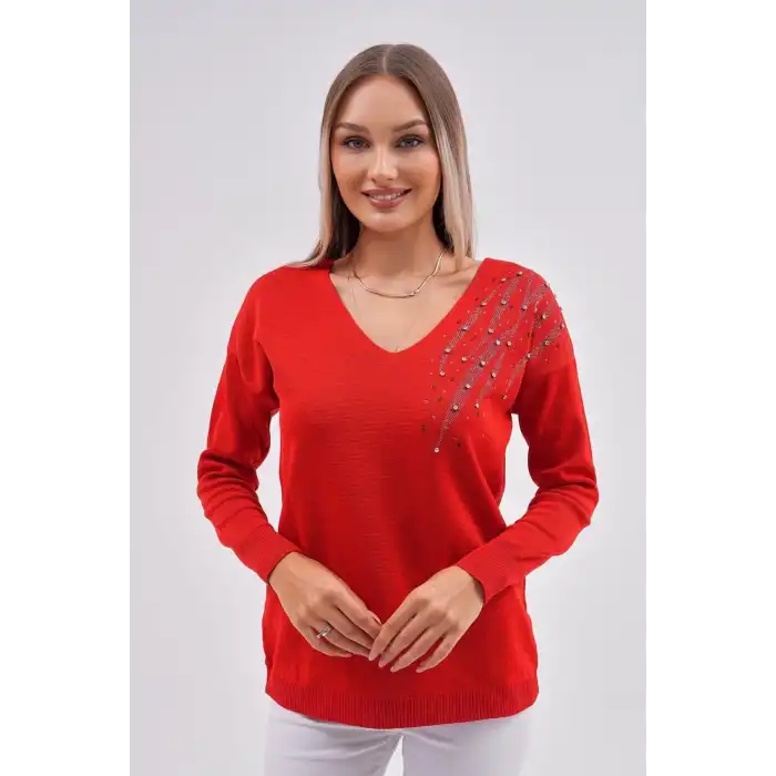 Kadın Kırmızı V Yaka Omzu Kristal İnci Ve Taş İşlemeli Likralı Tiriko Kazak Bluz