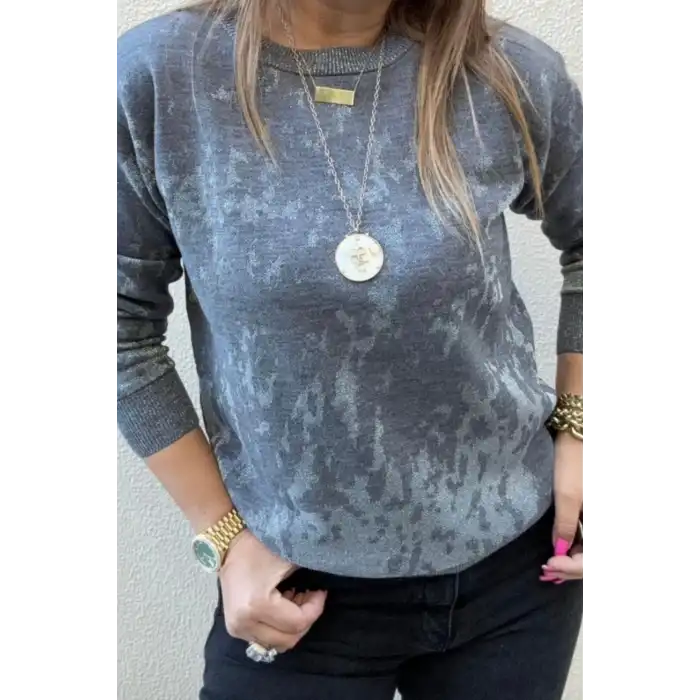 Kadın Koyu Gri Sim Detaylı Bisiklet Yaka Batik Desen Yeni Sezon Likralı Esnek Tiriko Kazak