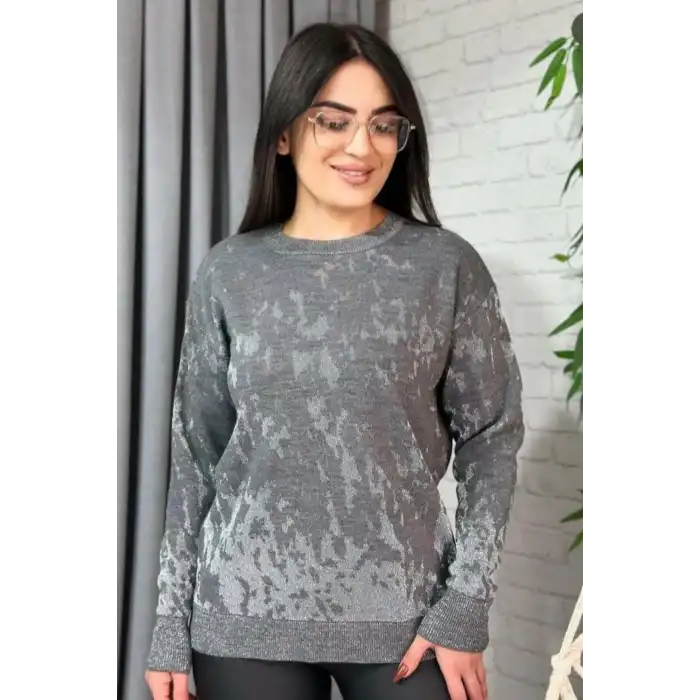 Kadın Koyu Gri Sim Detaylı Bisiklet Yaka Batik Desen Yeni Sezon Likralı Esnek Tiriko Kazak