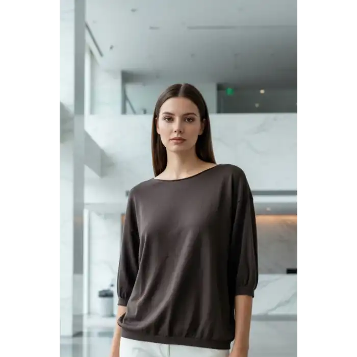 Kadın Koyu Kahverengi Kayık Yaka Likralı % 100 PAMUK İPLİK İnce Triko Bluz