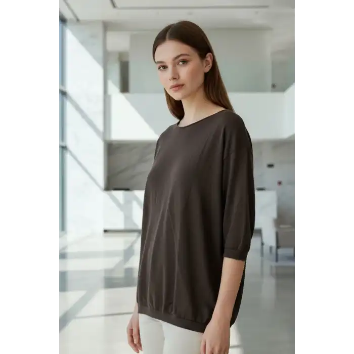 Kadın Koyu Kahverengi Kayık Yaka Likralı % 100 PAMUK İPLİK İnce Triko Bluz