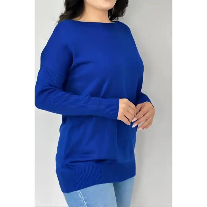 Kadın Koyu Mavi Bisiklet Yaka Yandan Cepli Likralı Esnek Yumuşak Dokulu Triko Bluz