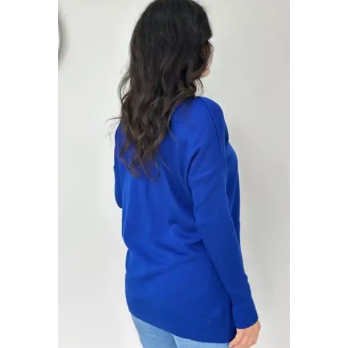 Kadın Koyu Mavi Bisiklet Yaka Yandan Cepli Likralı Esnek Yumuşak Dokulu Triko Bluz