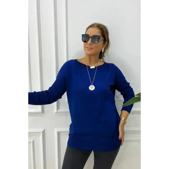 Kadın Koyu Mavi Bisiklet Yaka Yandan Cepli  Likralı Esnek Yumuşak Dokulu Triko Bluz