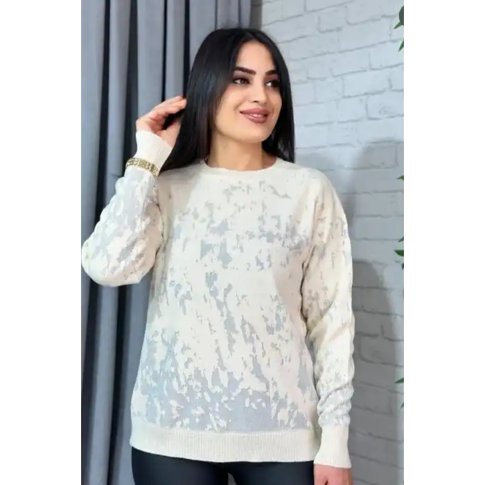 Kadın Krem Gri Sim Detaylı Bisiklet Yaka Batik Desen Yeni Sezon Likralı Esnek Tiriko Kazak