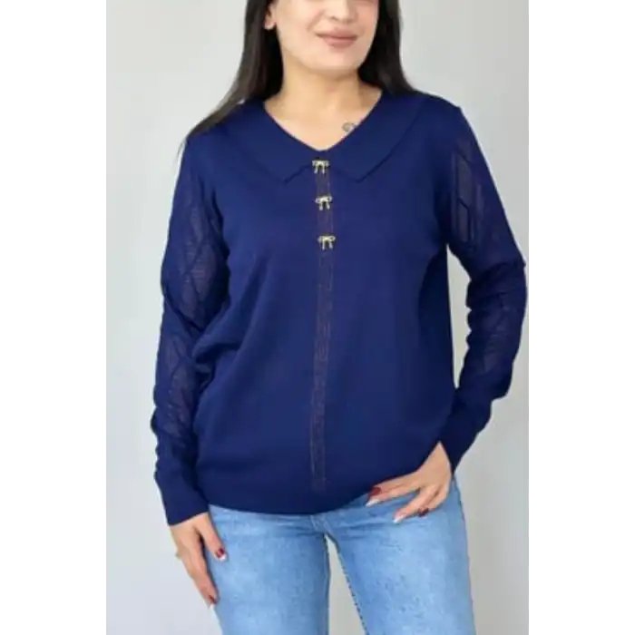 Kadın Lacivert Bebe Yakalı Kollar Ajurlu Fileli Simli Likralı Yumuşak Dokulu İnce Tiriko Kazak