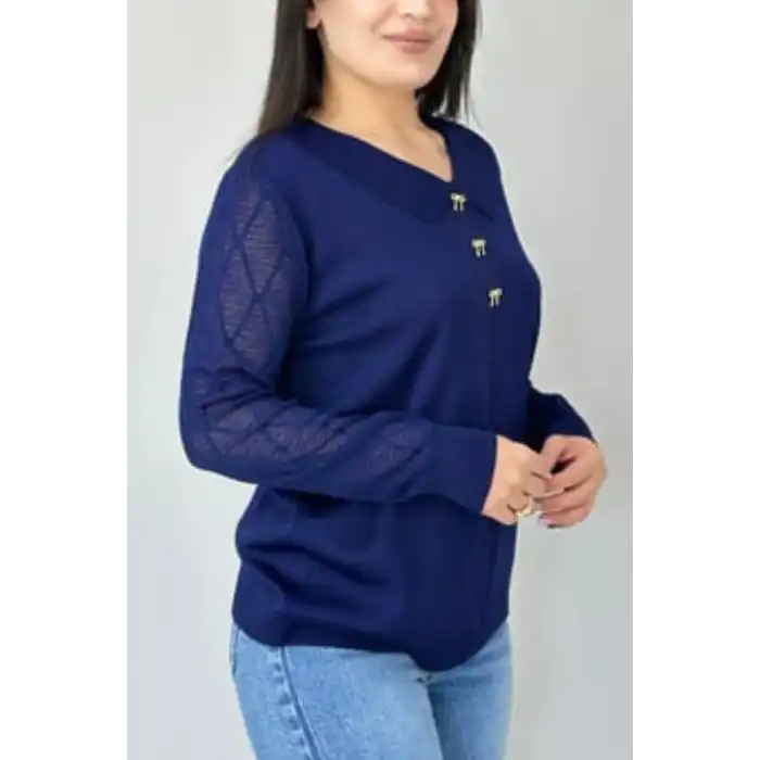 Kadın Lacivert Bebe Yakalı Kollar Ajurlu Fileli Simli Likralı Yumuşak Dokulu İnce Tiriko Kazak