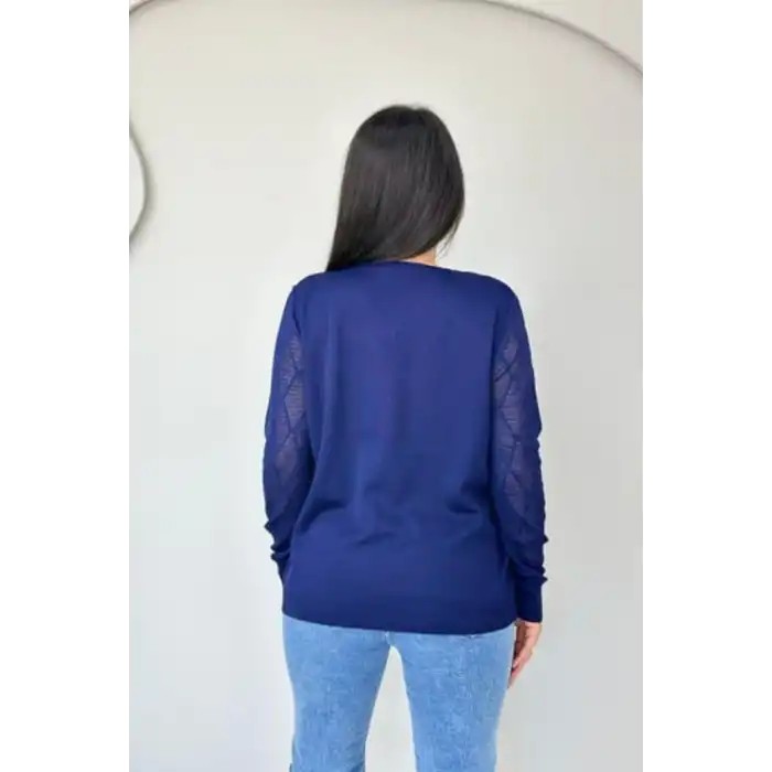 Kadın Lacivert Bebe Yakalı Kollar Ajurlu Fileli Simli Likralı Yumuşak Dokulu İnce Tiriko Kazak
