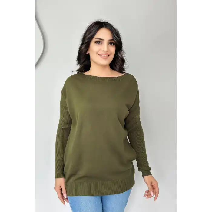 Kadın Haki Yeşil Bisiklet Yaka Yandan Cepli Likralı Esnek Yumuşak Dokulu Triko Bluz