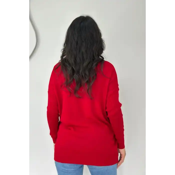 Kadın KIRMIZI Bisiklet Yaka Yandan Cepli Likralı Yumuşak Dokulu İnce Tiriko Kazak