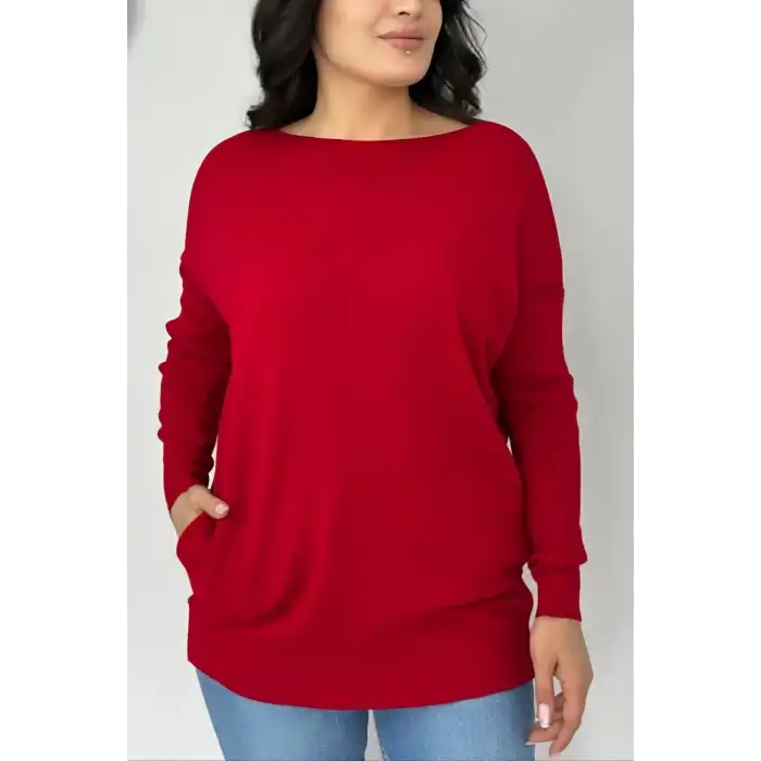 Kadın KIRMIZI Bisiklet Yaka Yandan Cepli Likralı Yumuşak Dokulu İnce Tiriko Kazak