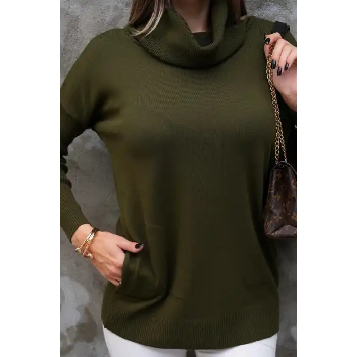 Kadın Haki Yeşil Degaje Yaka Yandan Cepli Likralı İnce Triko Bluz