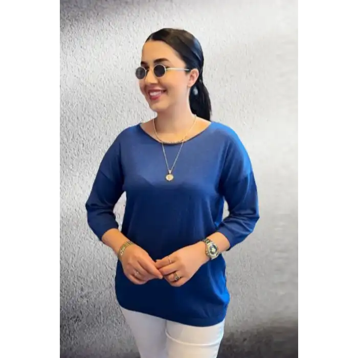 Kadın Lacivert Kayık Yaka Likralı İnce % 100 PAMUK İPLİK Triko Bluz