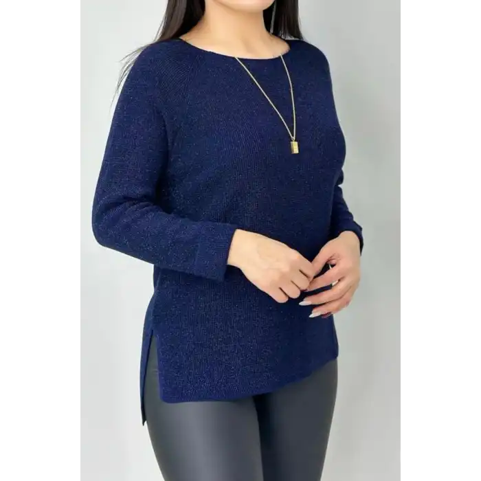 Kadın Lacivert renk Bisiklet Yaka SİMLİ İnce Tiriko Duble Kol Manşetli Bluz