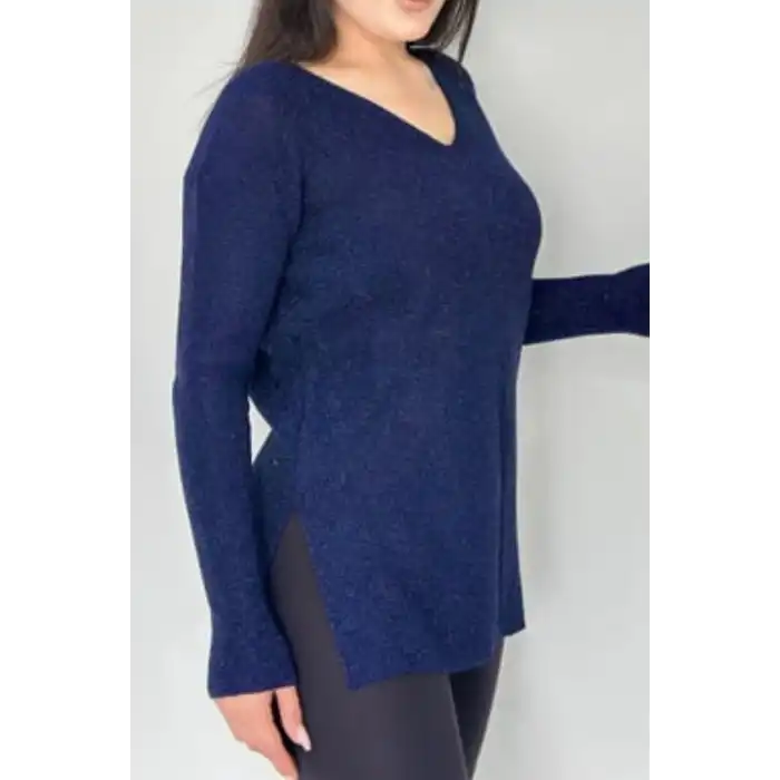 Kadın Lacivert V Yaka Likralı Dışı Simli İçi Yumoş İnce Triko Bluz