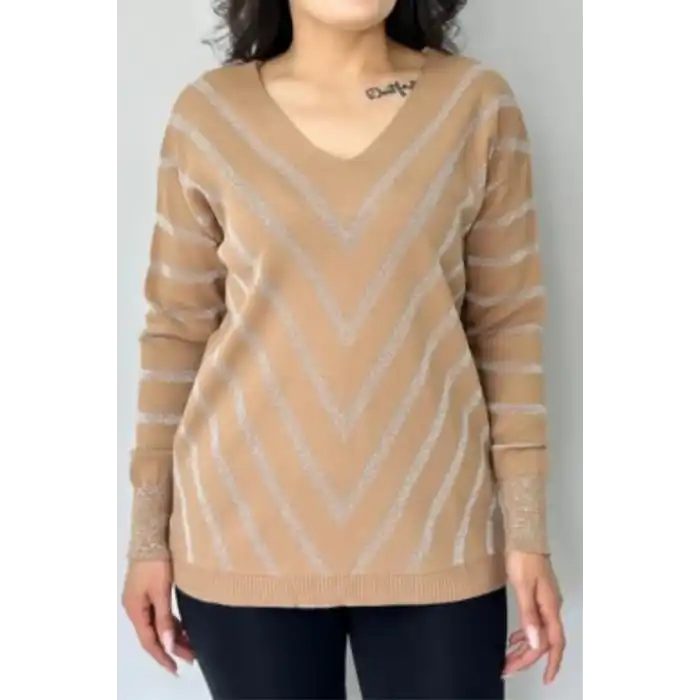 Kadın Vizon V Yaka Verev Sim Çizgili Likralı İnce Tiriko Yumuşak Dokulu Kazak