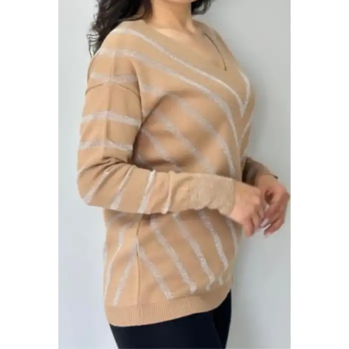 Kadın Vizon V Yaka Verev Sim Çizgili Likralı İnce Tiriko Yumuşak Dokulu Kazak