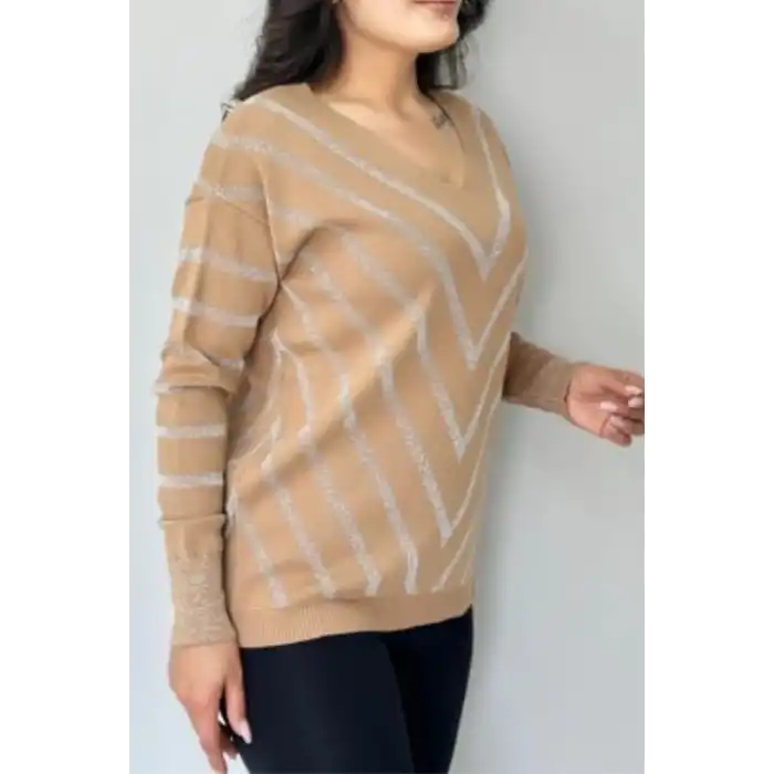 Kadın Vizon V Yaka Verev Sim Çizgili Likralı İnce Tiriko Yumuşak Dokulu Kazak