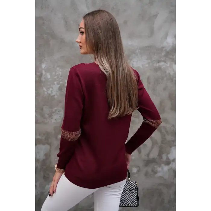 Kadın Bordo V Yaka Yakası Simli Likralı Rahat Kalıp İnce Triko Buluz