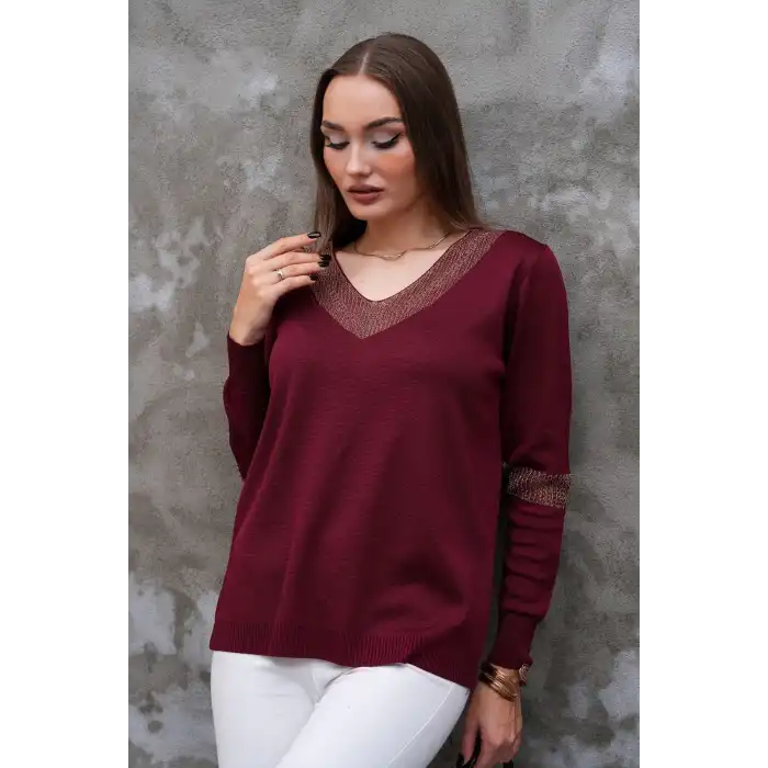 Kadın Bordo V Yaka Yakası Simli Likralı Rahat Kalıp İnce Triko Buluz