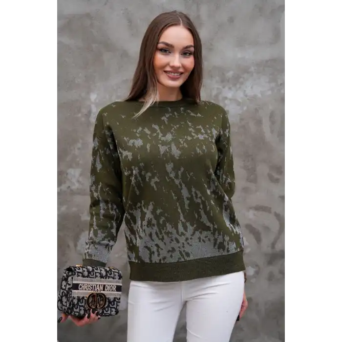 Kadın Haki Yeşile Gri Sim Detaylı Bisiklet Yaka Batik Desen Yeni Sezon Likralı Esnek Tiriko Kazak