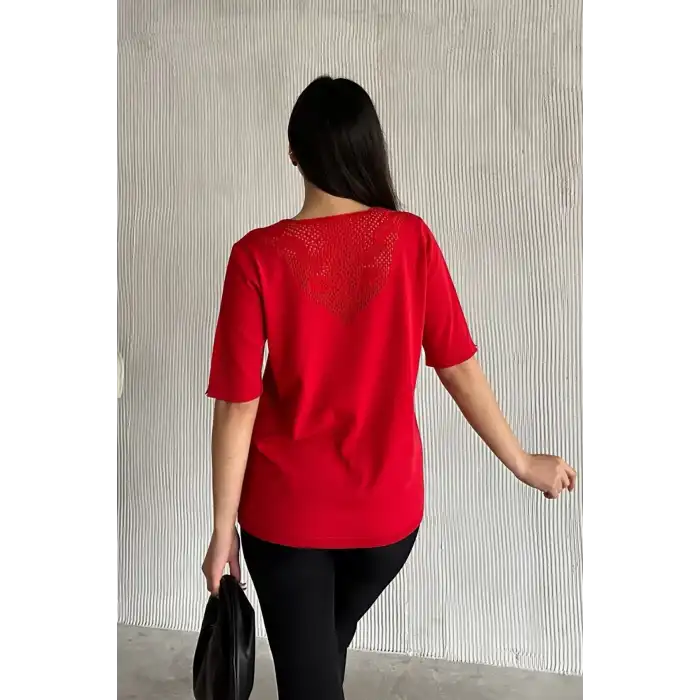 Kadın Kırmızı V Yaka Yakası Ve Sırtı Detaylı Soğuk İpilik Merserize Likralı Buluz