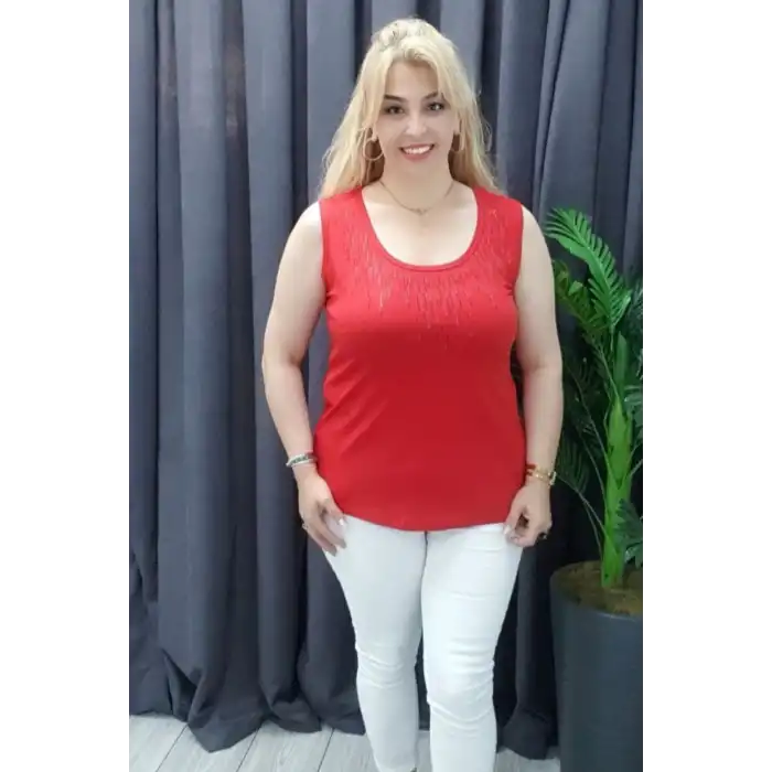 Kadın Kırmızı  Bisiklet Yaka Büyük Beden Yakası Taş İşlemeli Likralı Buluz