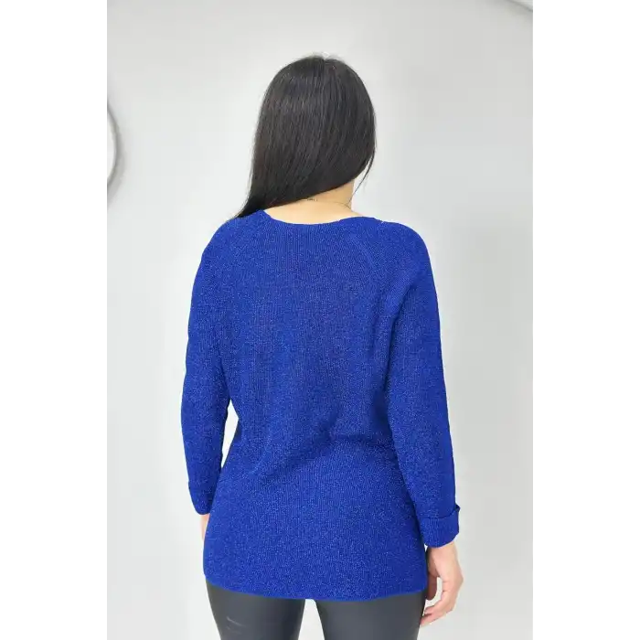 Kadın Mavi Bisiklet Yaka SİMLİ İnce Tiriko Duble Kol Manşetli Bluz