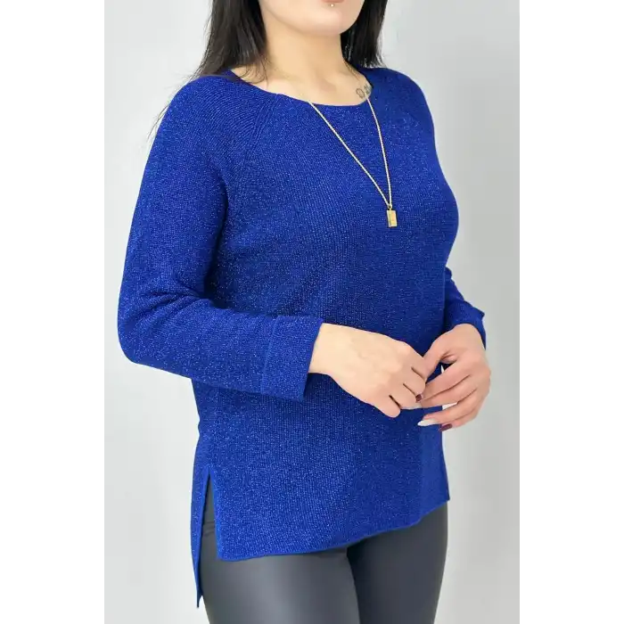 Kadın Mavi Bisiklet Yaka SİMLİ İnce Tiriko Duble Kol Manşetli Bluz