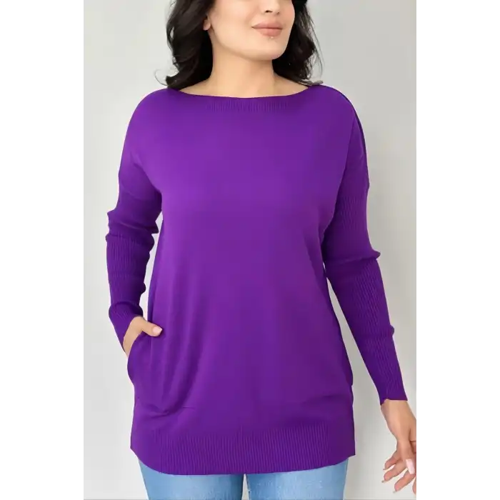 Kadın MOR Bisiklet Yaka Yandan Cepli Likralı Yumuşak Dokulu İnce Tiriko Kazak