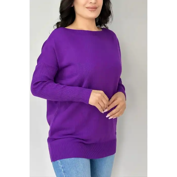 Kadın MOR Bisiklet Yaka Yandan Cepli Likralı Yumuşak Dokulu İnce Tiriko Kazak