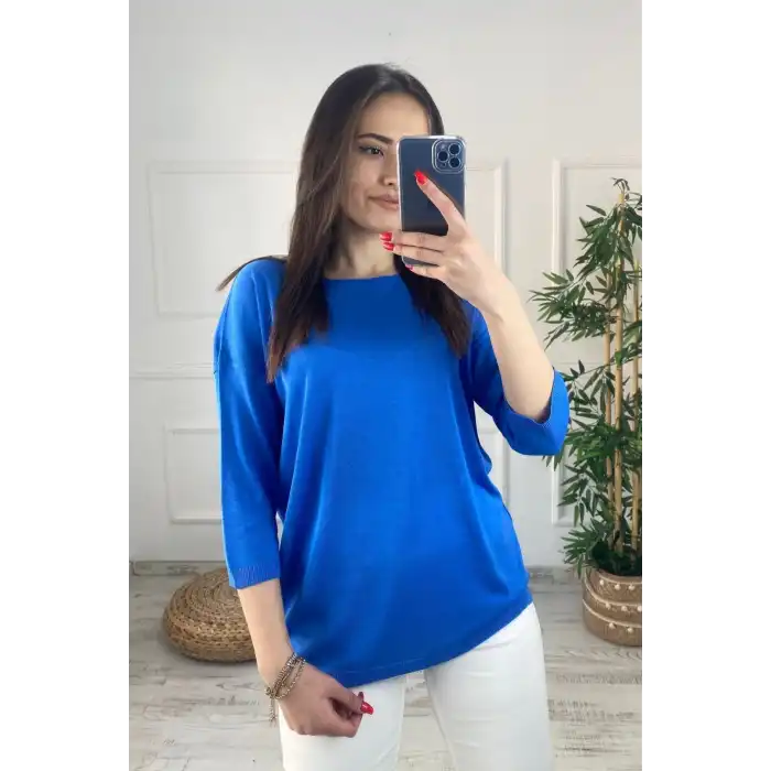 Kadın Mavi Kayık Yaka Likralı  % 100 PAMUK İPLİK  İnce Triko Bluz