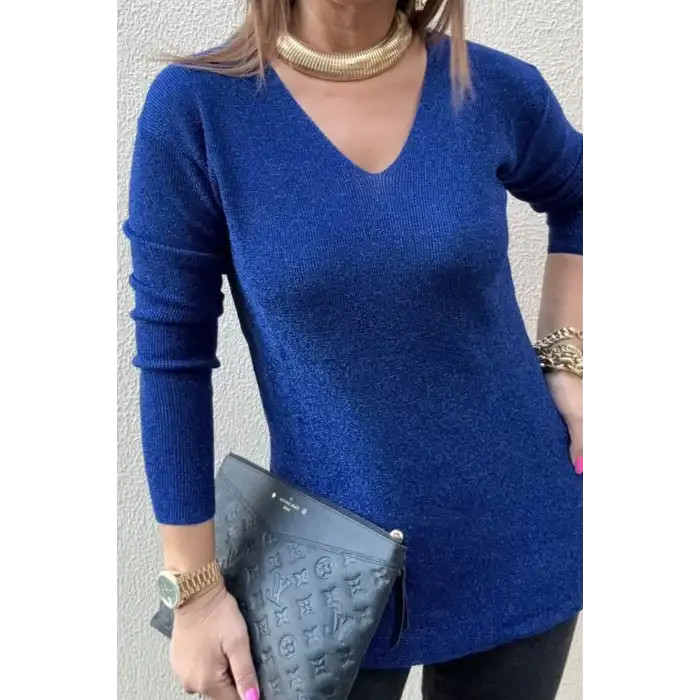 Kadın Mavi V Yaka Likralı Dışı Simli İçi Yumoş İnce Triko Bluz