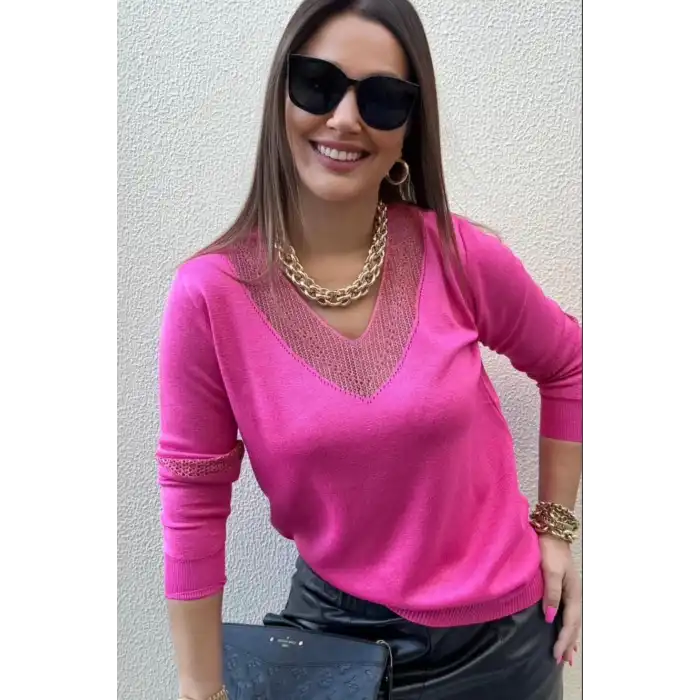 Kadın Pembe V Yaka Yakası Simli Likralı Rahat Kalıp İnce Triko Buluz
