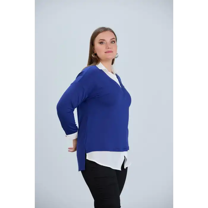 Kadın Mavi İçten Gömlek Yaka Çıkmalı Düz Garnili Yeni Sezon Kristal Likralı Kumaş Buluz