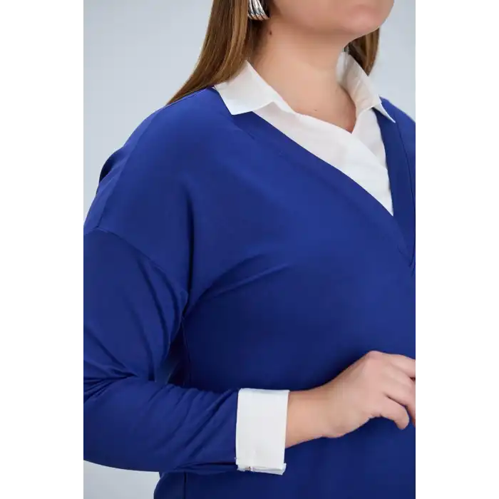 Kadın Mavi İçten Gömlek Yaka Çıkmalı Düz Garnili Yeni Sezon Kristal Likralı Kumaş Buluz