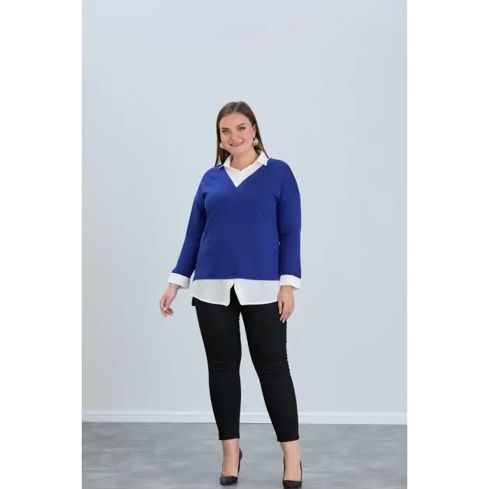 Kadın Mavi İçten Gömlek Yaka Çıkmalı Düz Garnili Yeni Sezon Kristal Likralı Kumaş Buluz