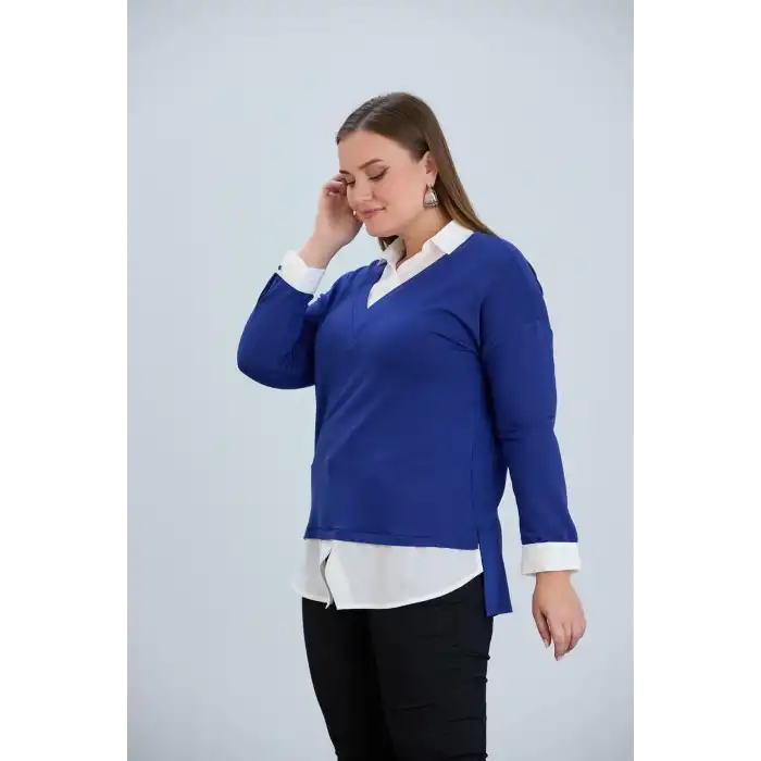 Kadın Mavi İçten Gömlek Yaka Çıkmalı Düz Garnili Yeni Sezon Kristal Likralı Kumaş Buluz