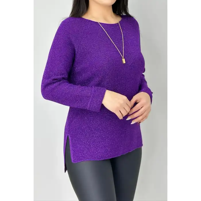Kadın Mor Bisiklet Yaka SİMLİ İnce Tiriko Duble Kol Manşetli Bluz