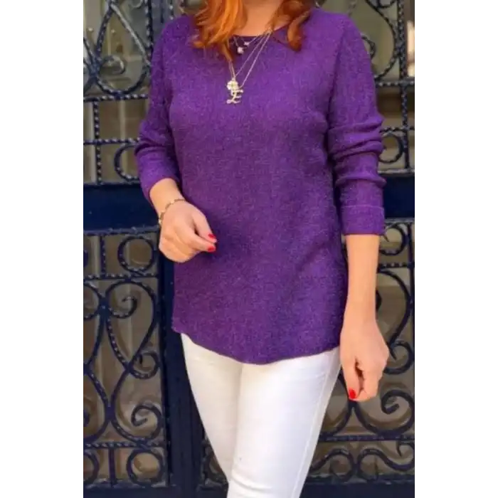 Kadın Mor Bisiklet Yaka SİMLİ İnce Tiriko Duble Kol Manşetli Bluz