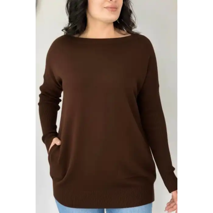 Kadın KOYU KAHVE Bisiklet Yaka Yandan Cepli Likralı Esnek Yumuşak Dokulu Triko Bluz