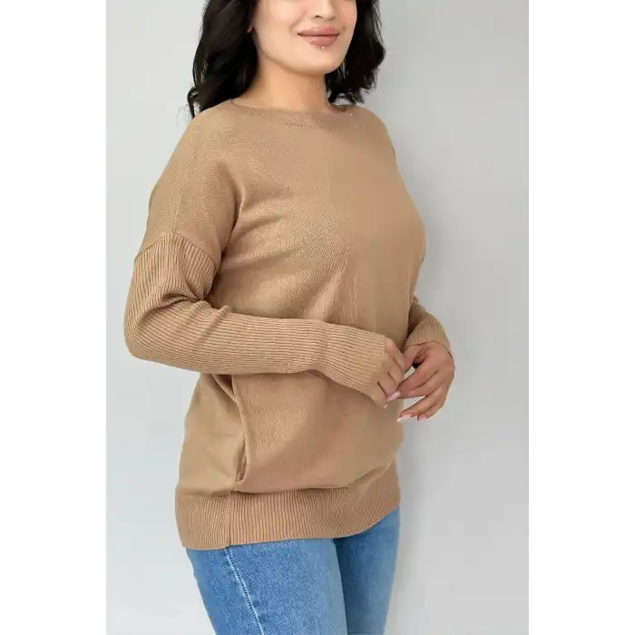 Kadın VİZON Bisiklet Yaka Yandan Cepli Likralı Yumuşak Dokulu İnce Tiriko Kazak