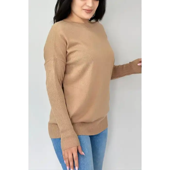 Kadın VİZON Bisiklet Yaka Yandan Cepli Likralı Yumuşak Dokulu İnce Tiriko Kazak